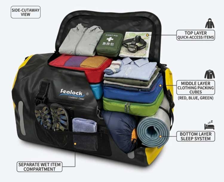 Capacidade de embalagem de mochila impermeável 60L e aplicações externas