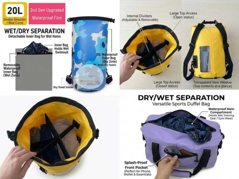 Sacos de separação úmido-seco OEM: Sacos de natação, ginástica e praia que mantêm o kit úmido separado