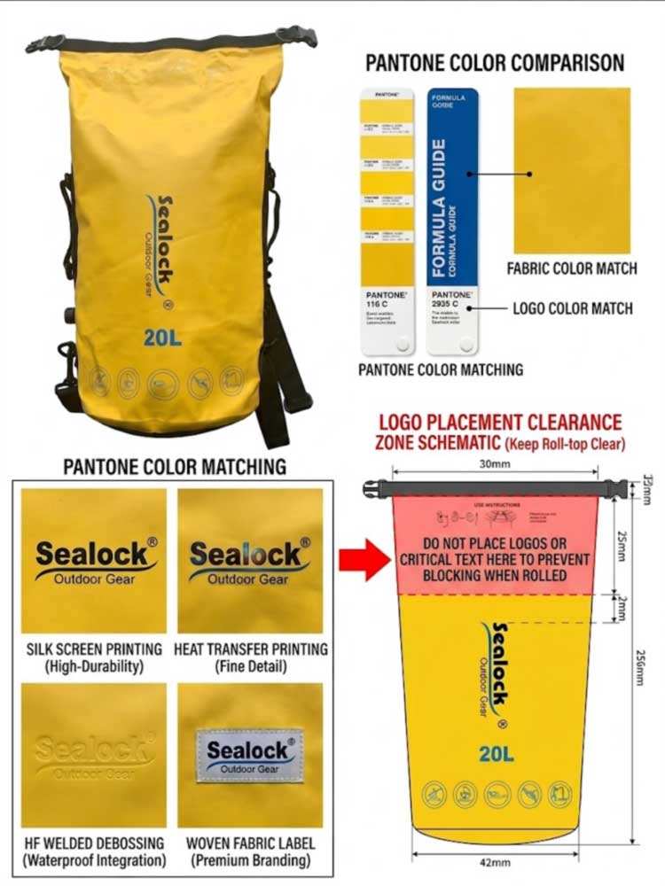 Custom dry bag branding options — silkscreen, heat transfer, welded emboss, woven label, Pantone matching, logo placement below roll zone