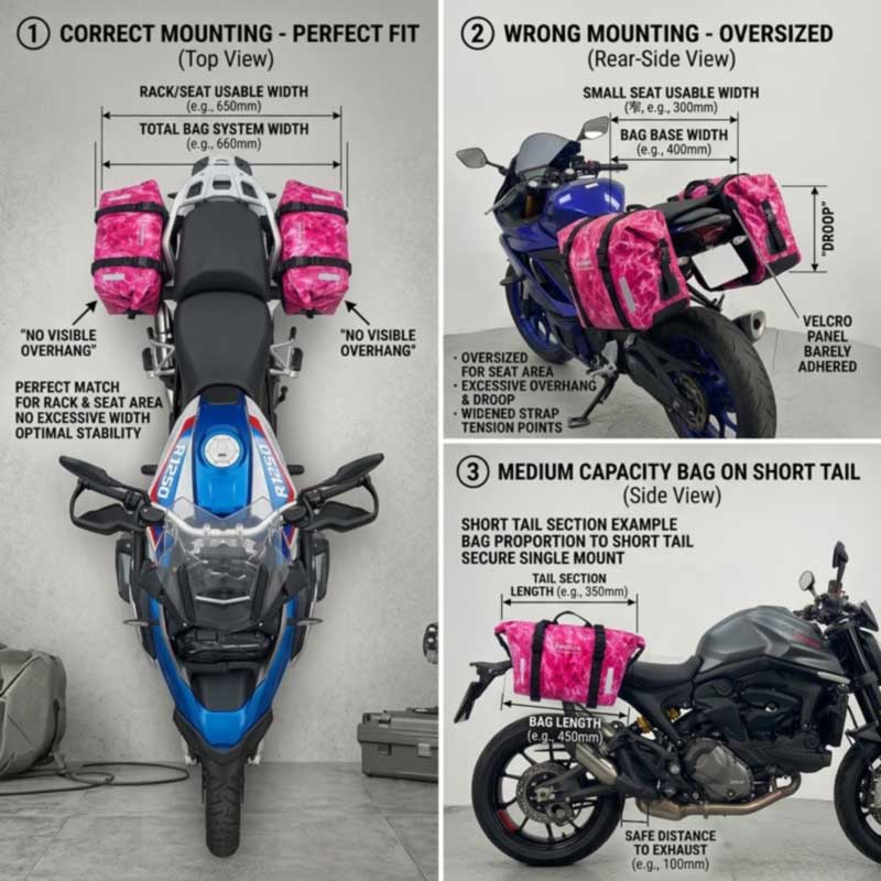Correct tail bag footprint matched to pillion seat surface versus an oversized bag overhanging the sides