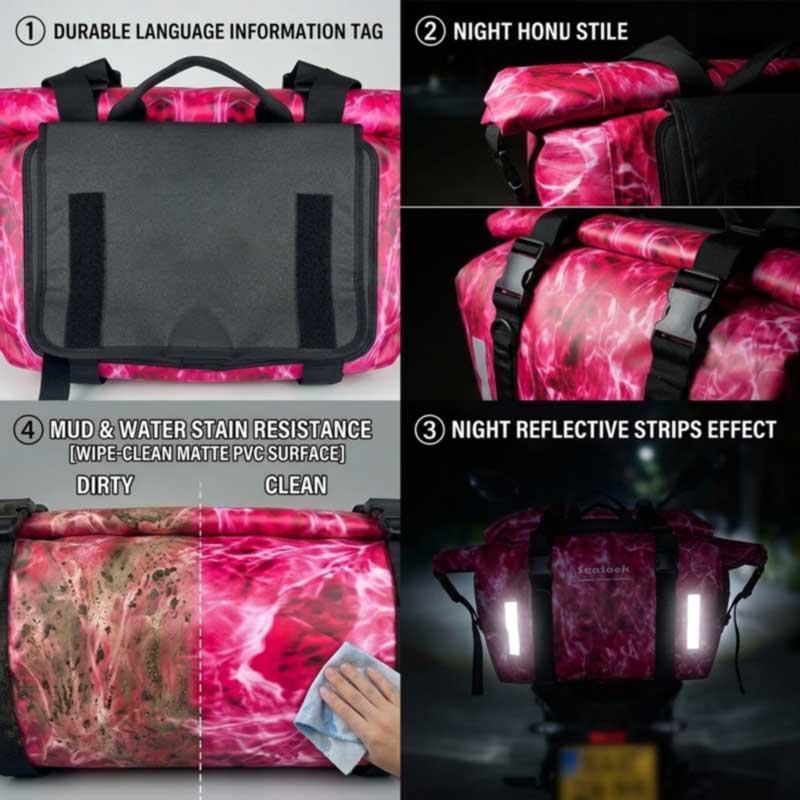 Motorcycle luggage details — stated load rating, roll-top closure with compression straps, dual-side reflective, and wipe-clean matte PVC